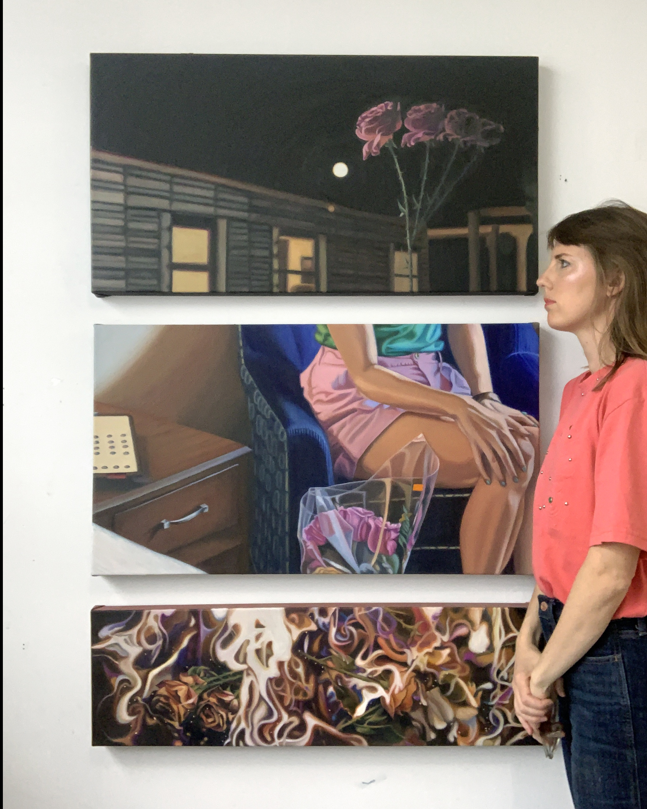 Household (triptych)-with figure for scale, 48x34 2021 <br>oil on canvas